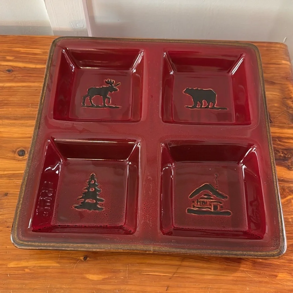 Home Studio Woodland Rustic Red Bear Moose Tree Divided 4-Part Square Platter